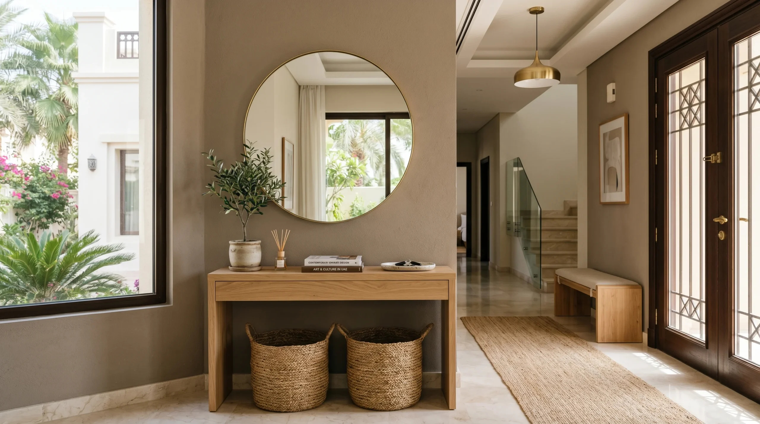 Warm contemporary entryway styling in UAE villa console table and mirror