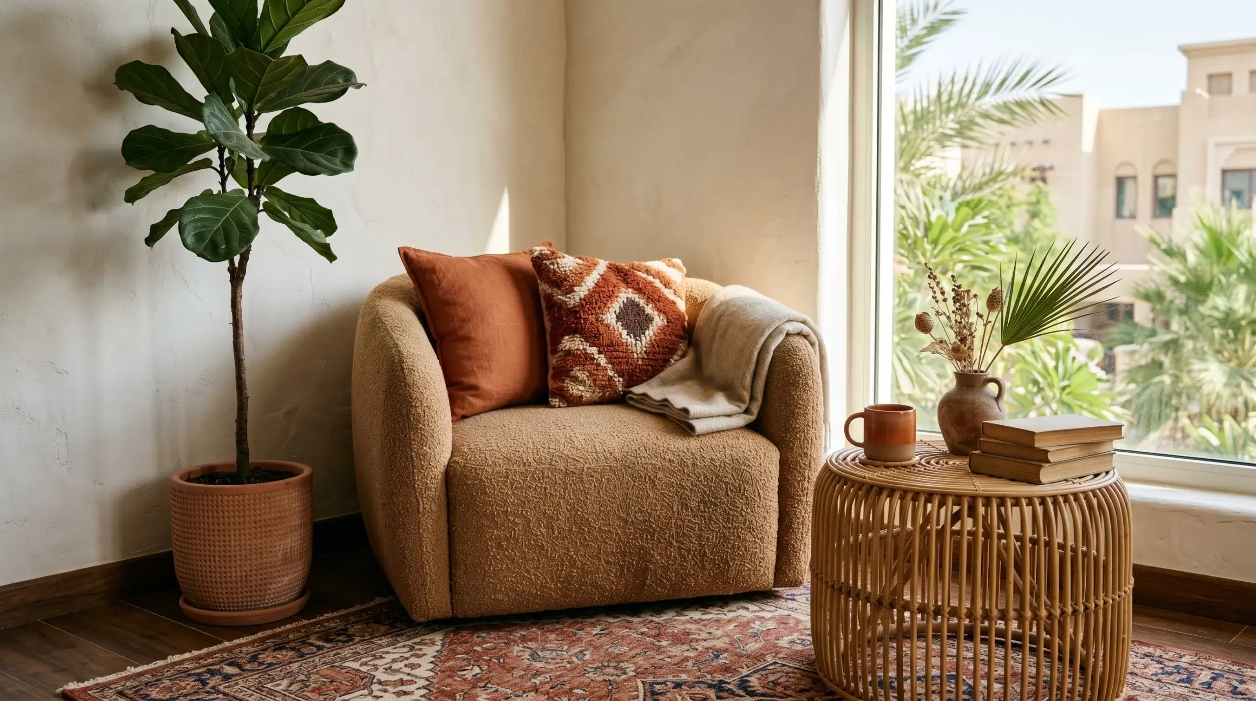 Warm neutral earthy tones in UAE home interior 2026 — camel bouclé armchair with terracotta accents