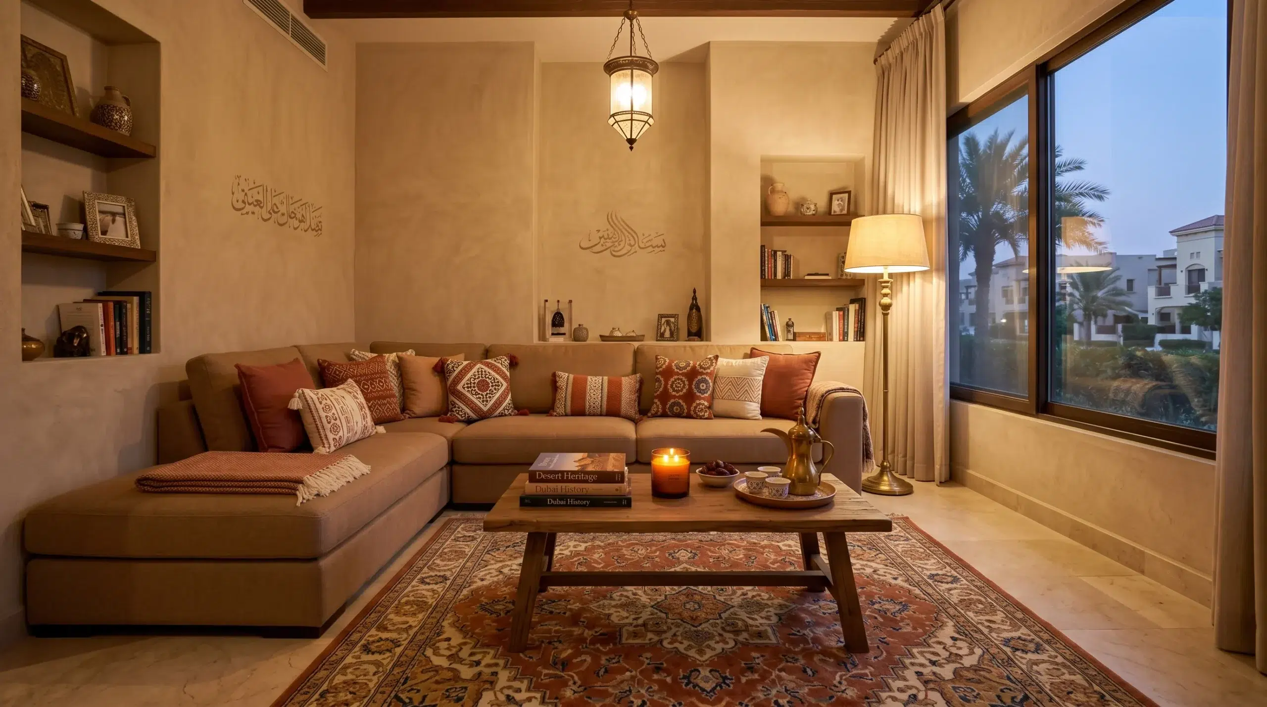 Warm neutral family living room in UAE home at evening — furniture color guide for Dubai families