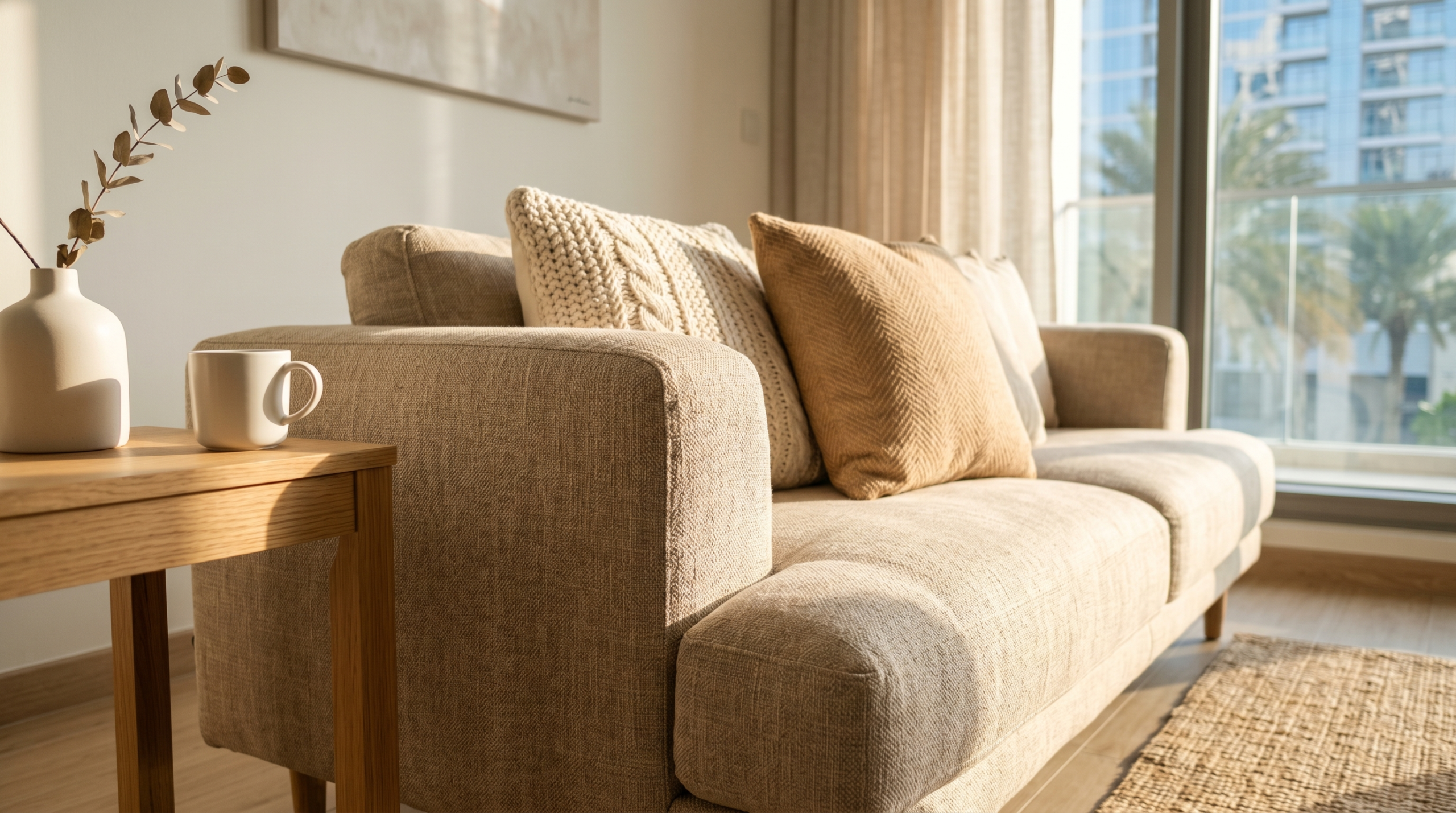 Warm beige linen sofa in sunlit UAE apartment — ideal furniture color for Dubai interiors