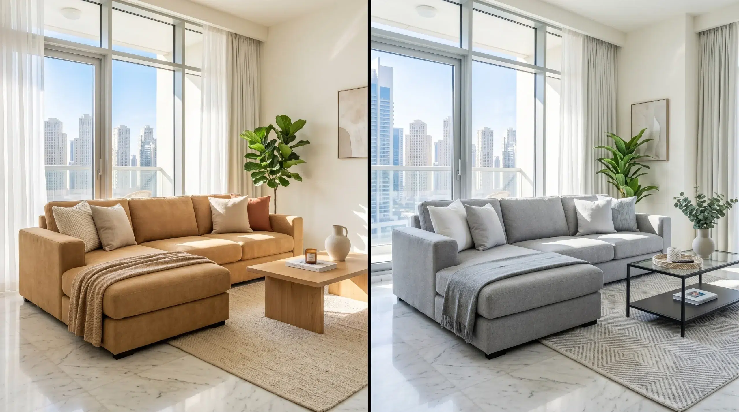Warm sand sofa versus cool grey sofa in UAE apartment furniture color guide comparison
