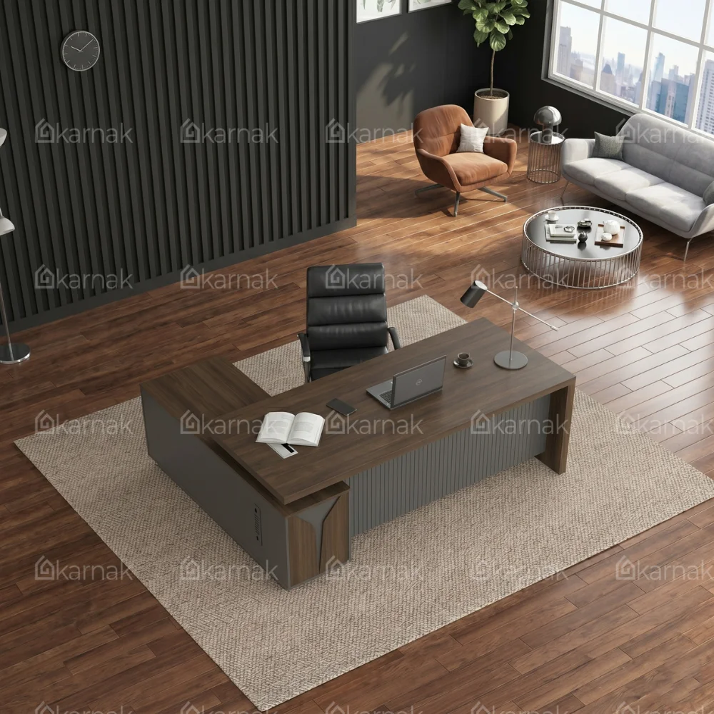 Elite L-Shaped Executive Office Table – Walnut & Grey