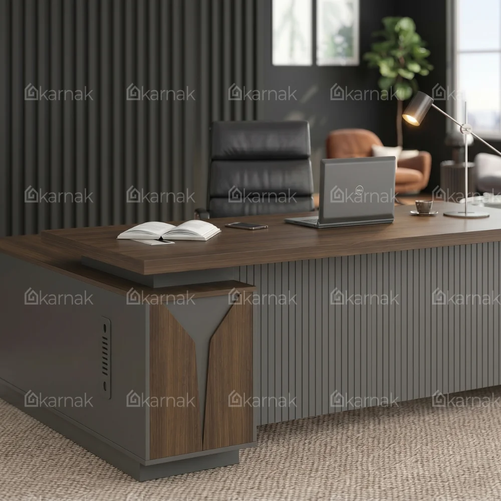 Elite L-Shaped Executive Office Table – Walnut & Grey
