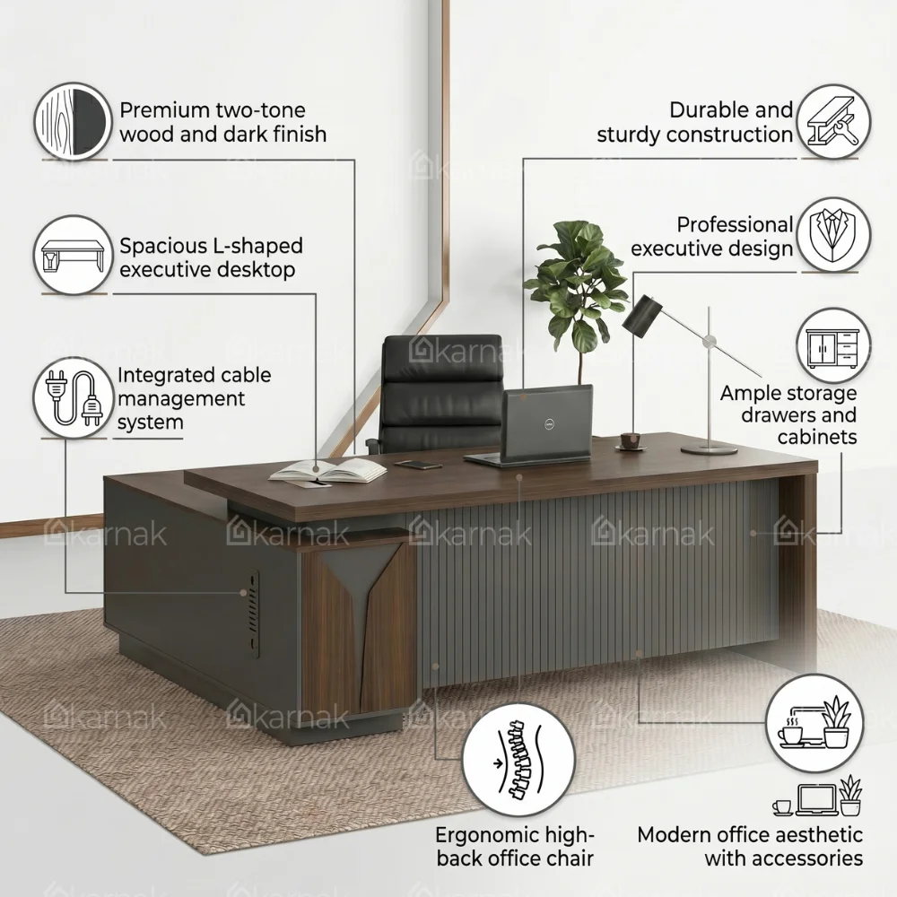 Elite L-Shaped Executive Office Table – Walnut & Grey