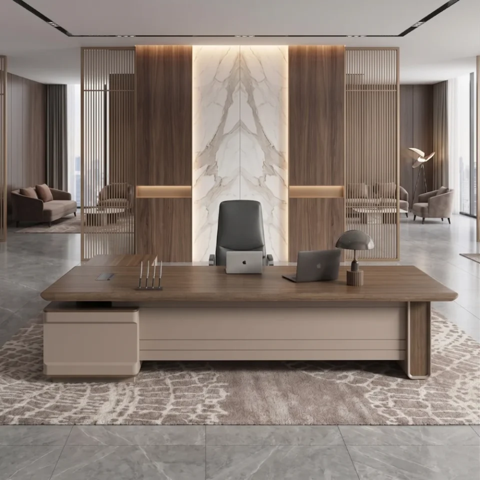 Aero Executive Desk – Walnut & Beige Grey…