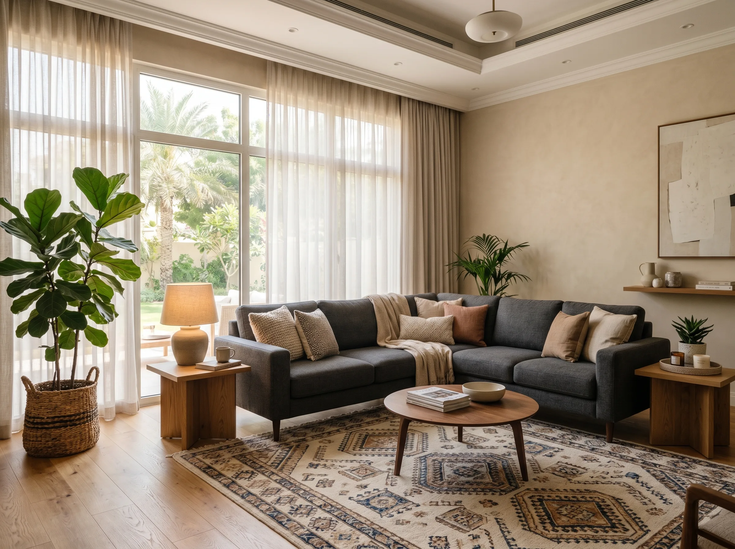 Charcoal L shape sofa in a Dubai villa family room