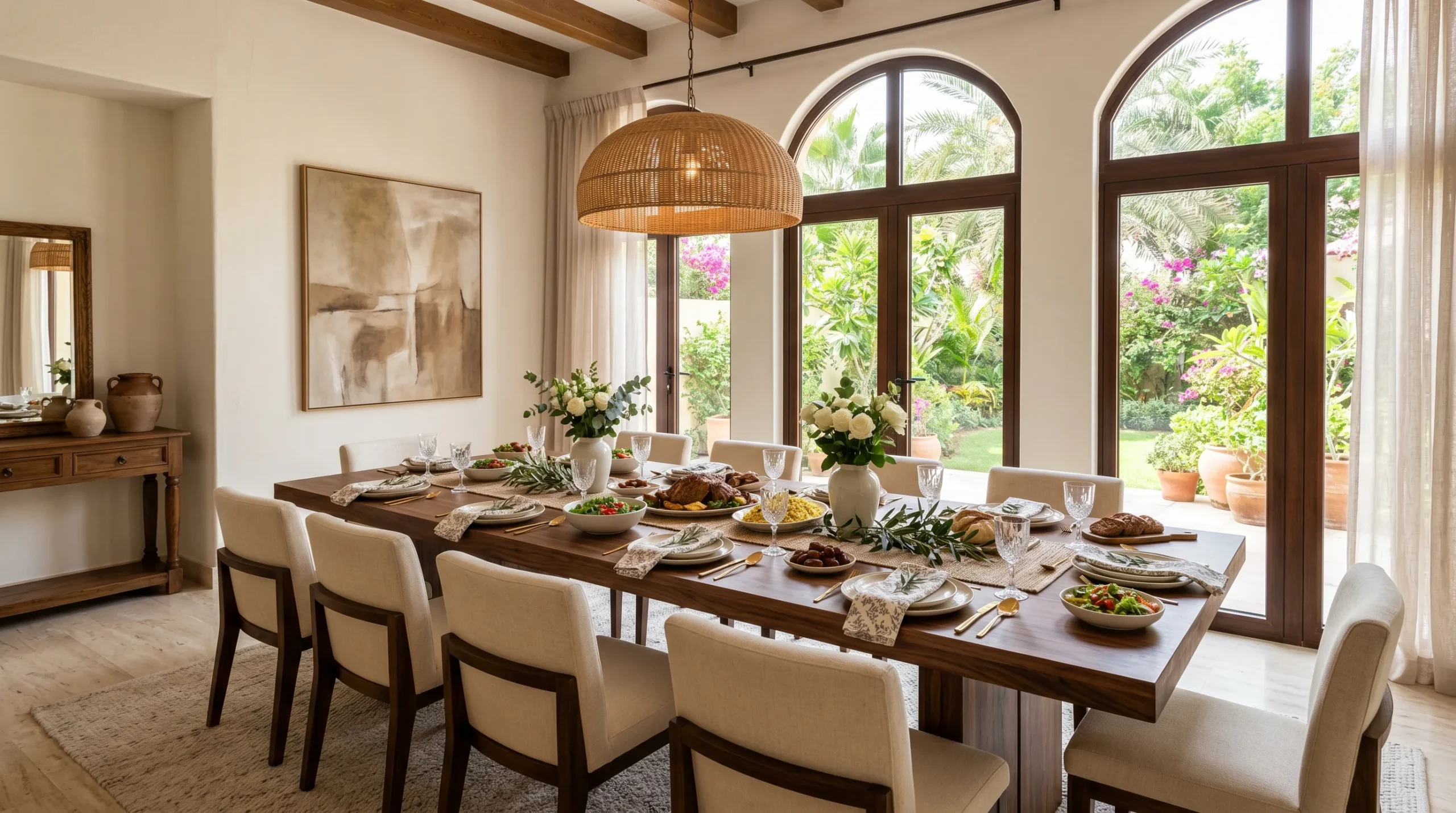 Dining room furniture arrangement for UAE family gatherings in a Dubai villa
