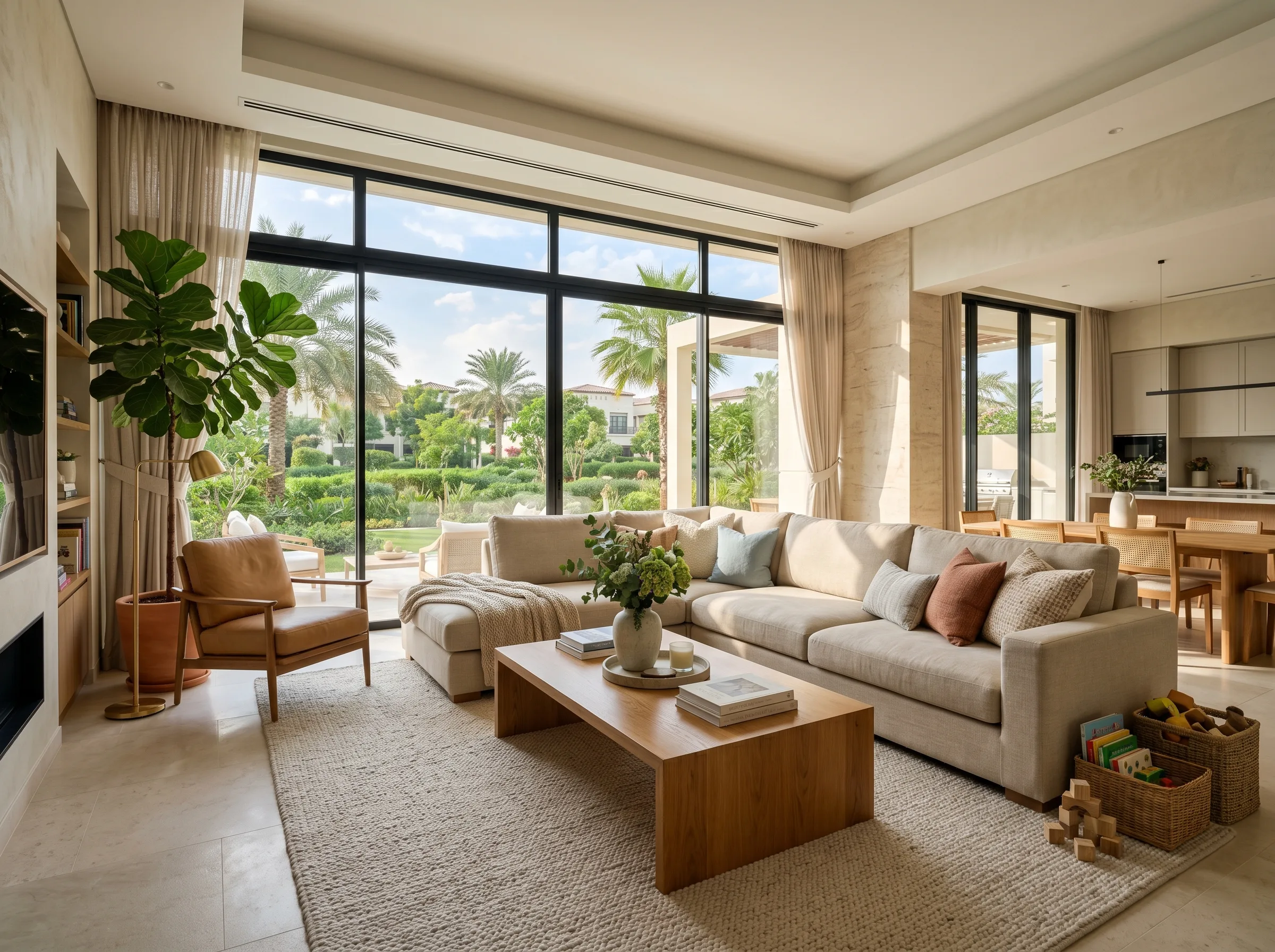 Dubai new community furniture trends 2026 — modern villa living room with neutral sectional sofa and open-plan layout 