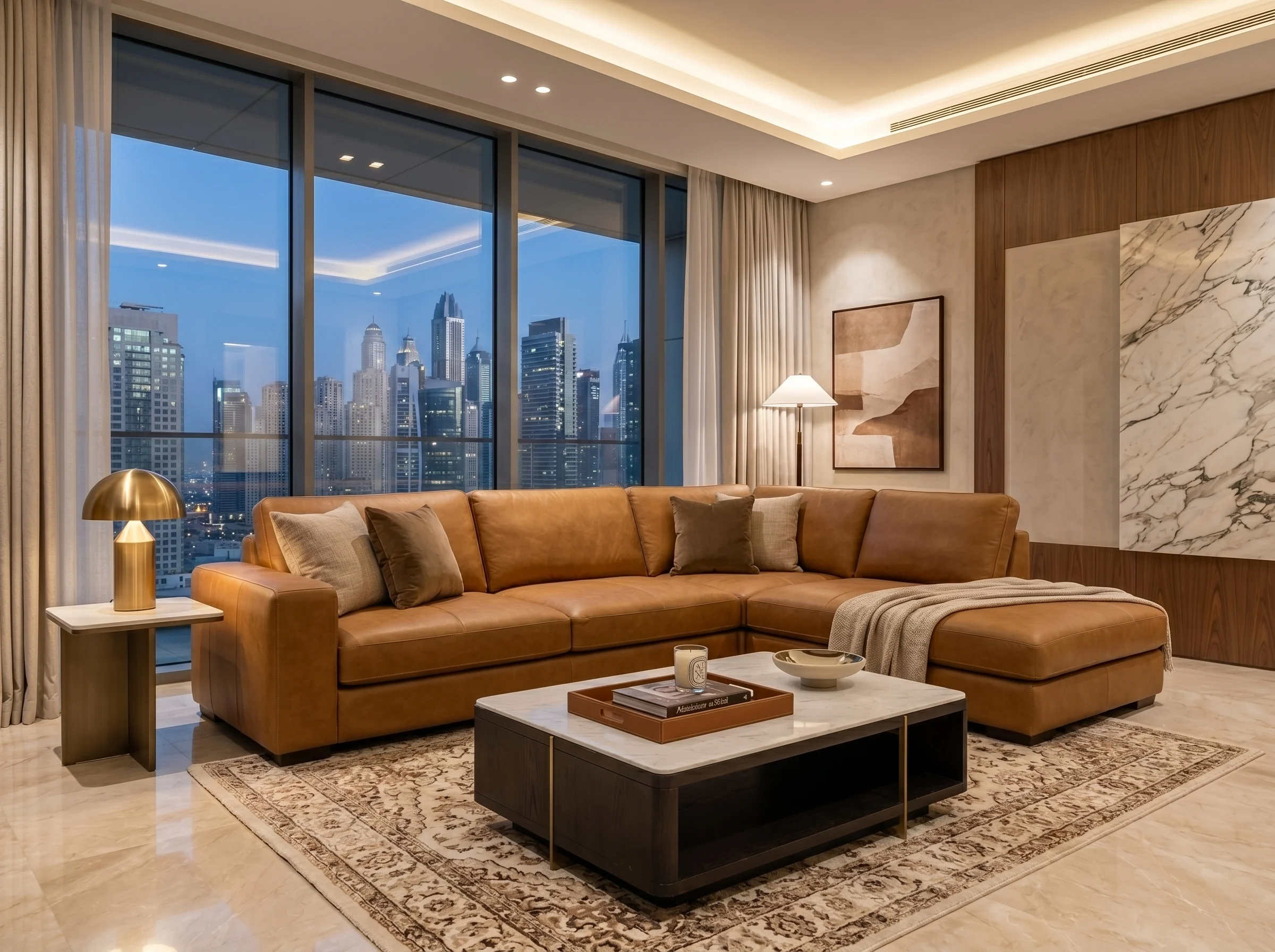 Genuine leather L shape sofa in a Dubai home showing quality texture suited to UAE climate