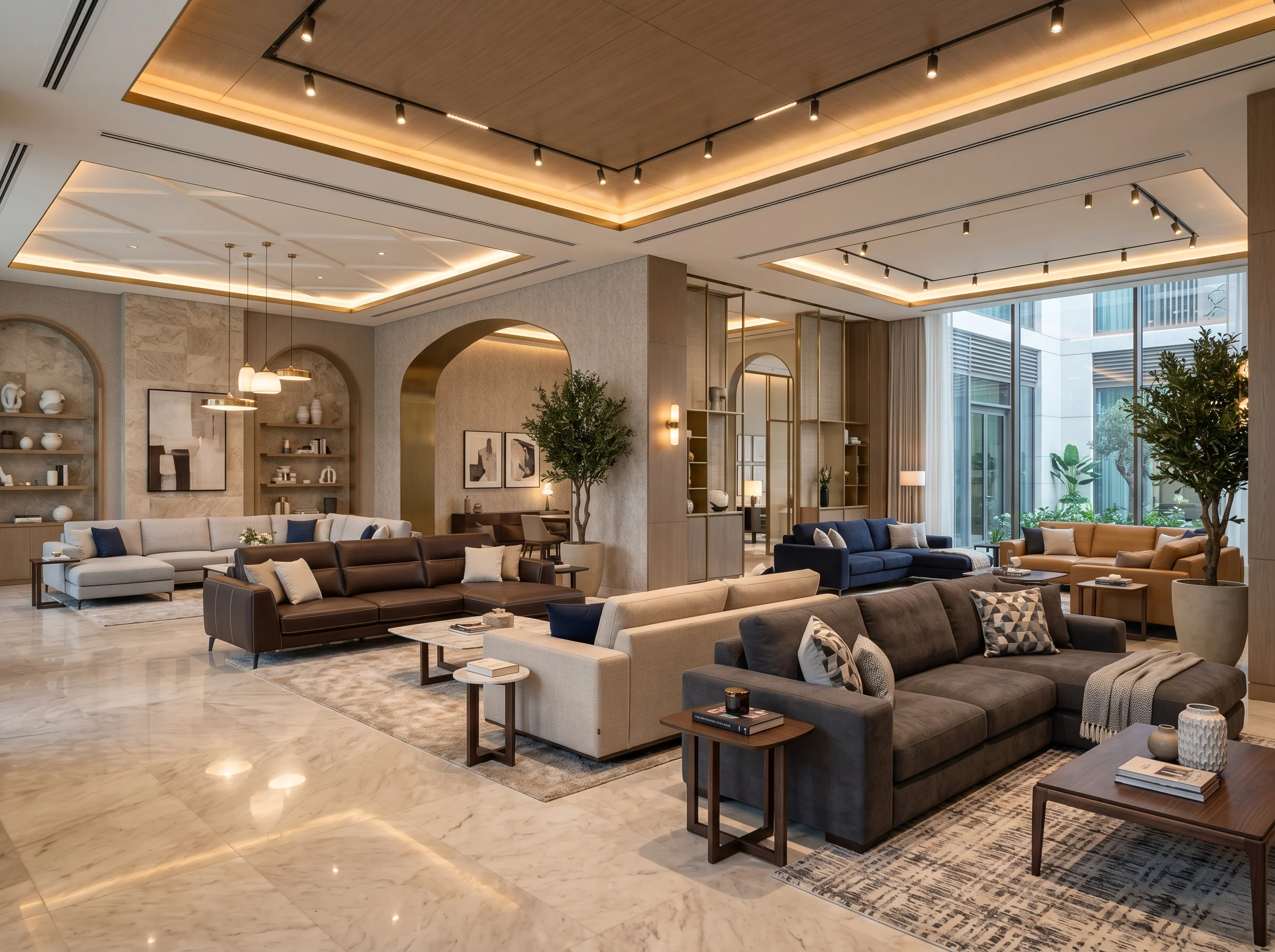 Karnak Home Dubai showroom displaying L shape sofas in multiple fabric and color options