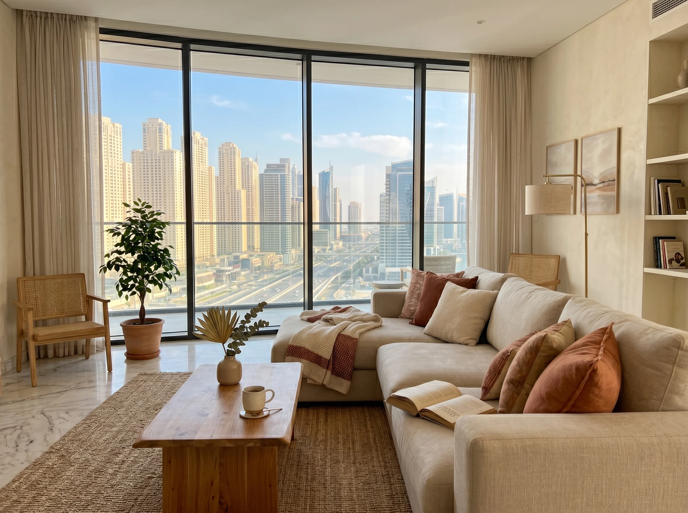 L shape sofa in a modern Dubai villa living room by Karnak Home