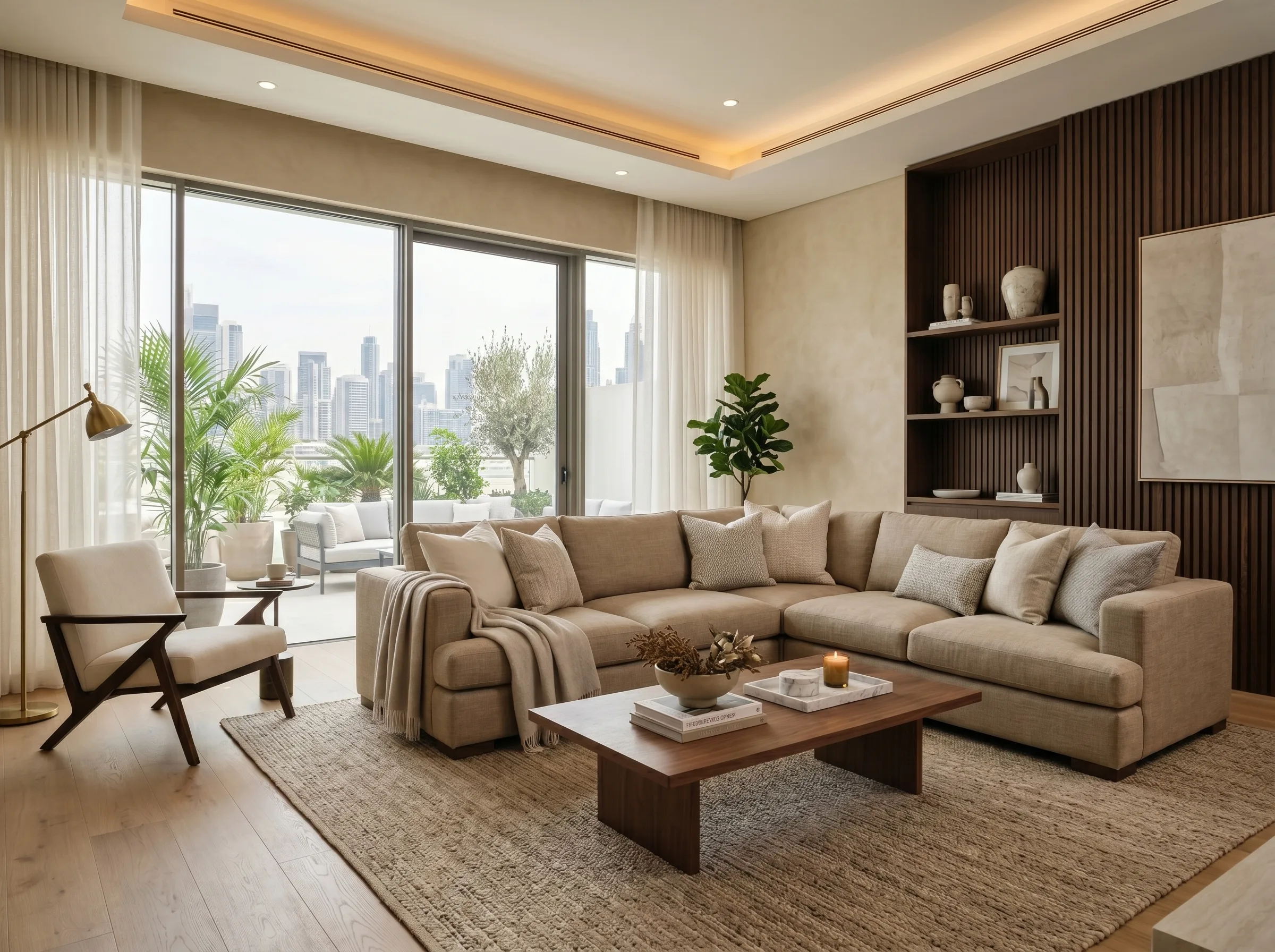 L shape sofa fabrics tested for Dubai heat and humidity in a UAE villa living room