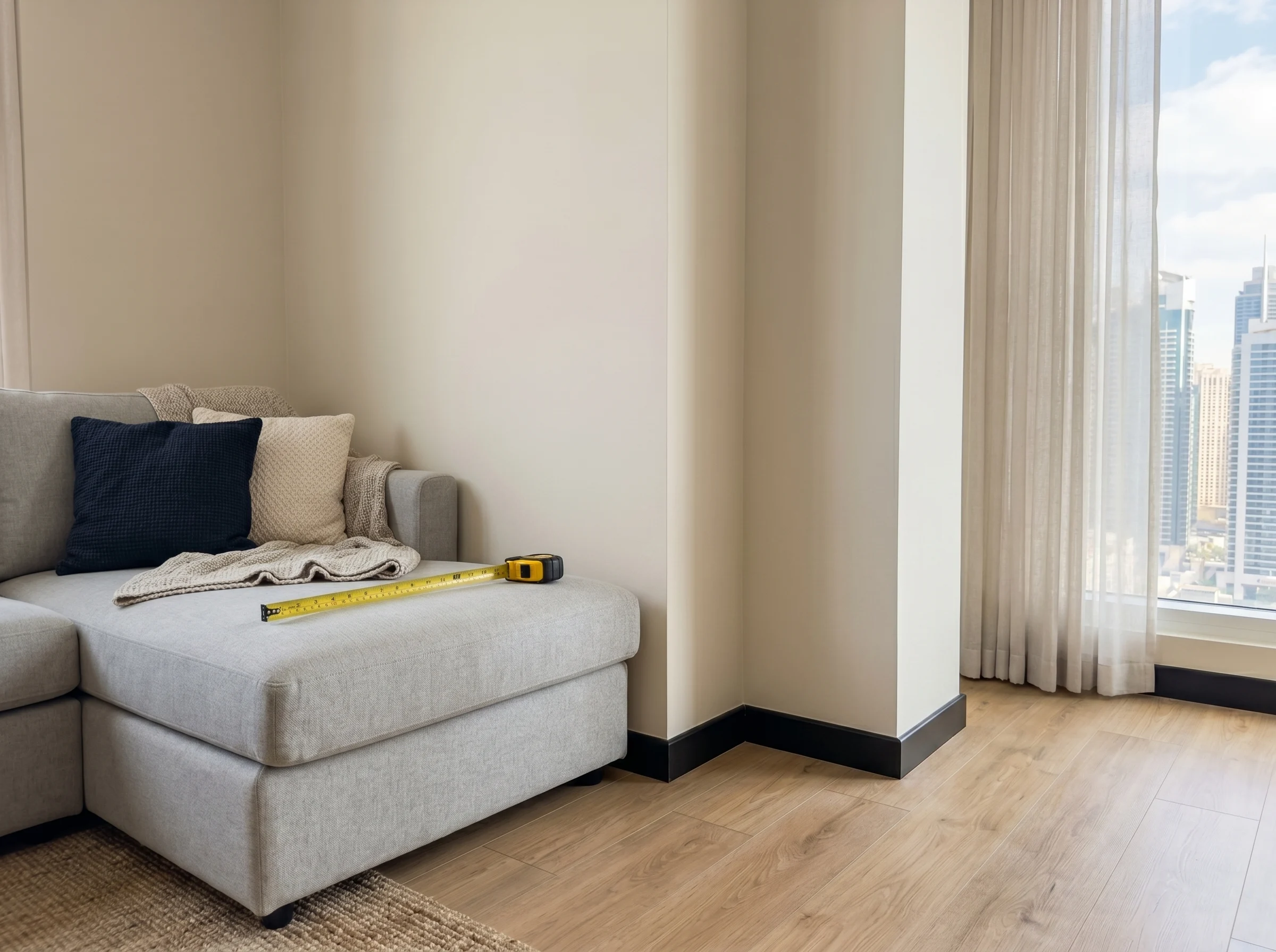 Measuring a Dubai apartment living room before buying an L shape sofa