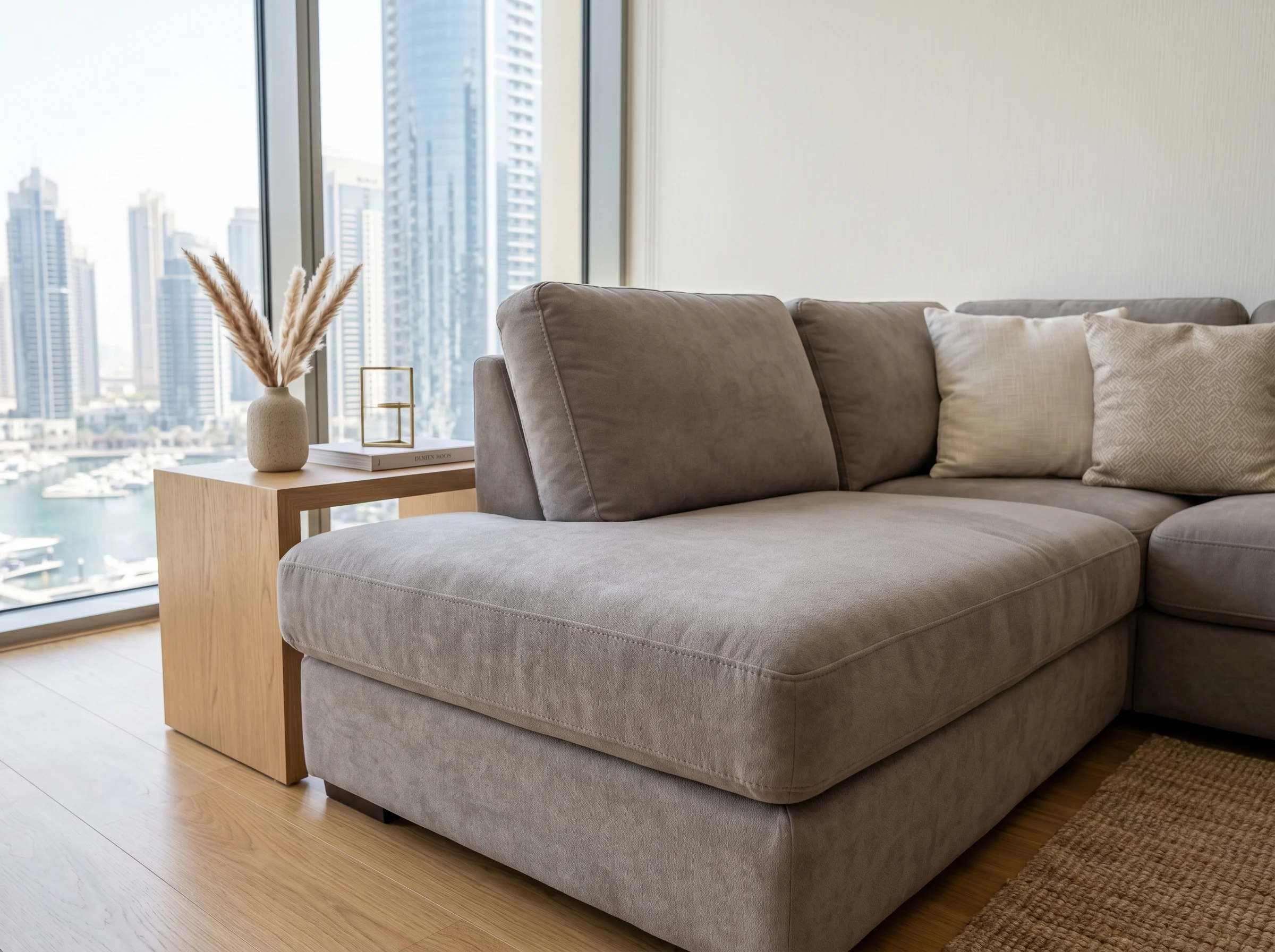 Microfiber L shape sofa fabric in a Dubai apartment, practical choice for UAE heat and humidity