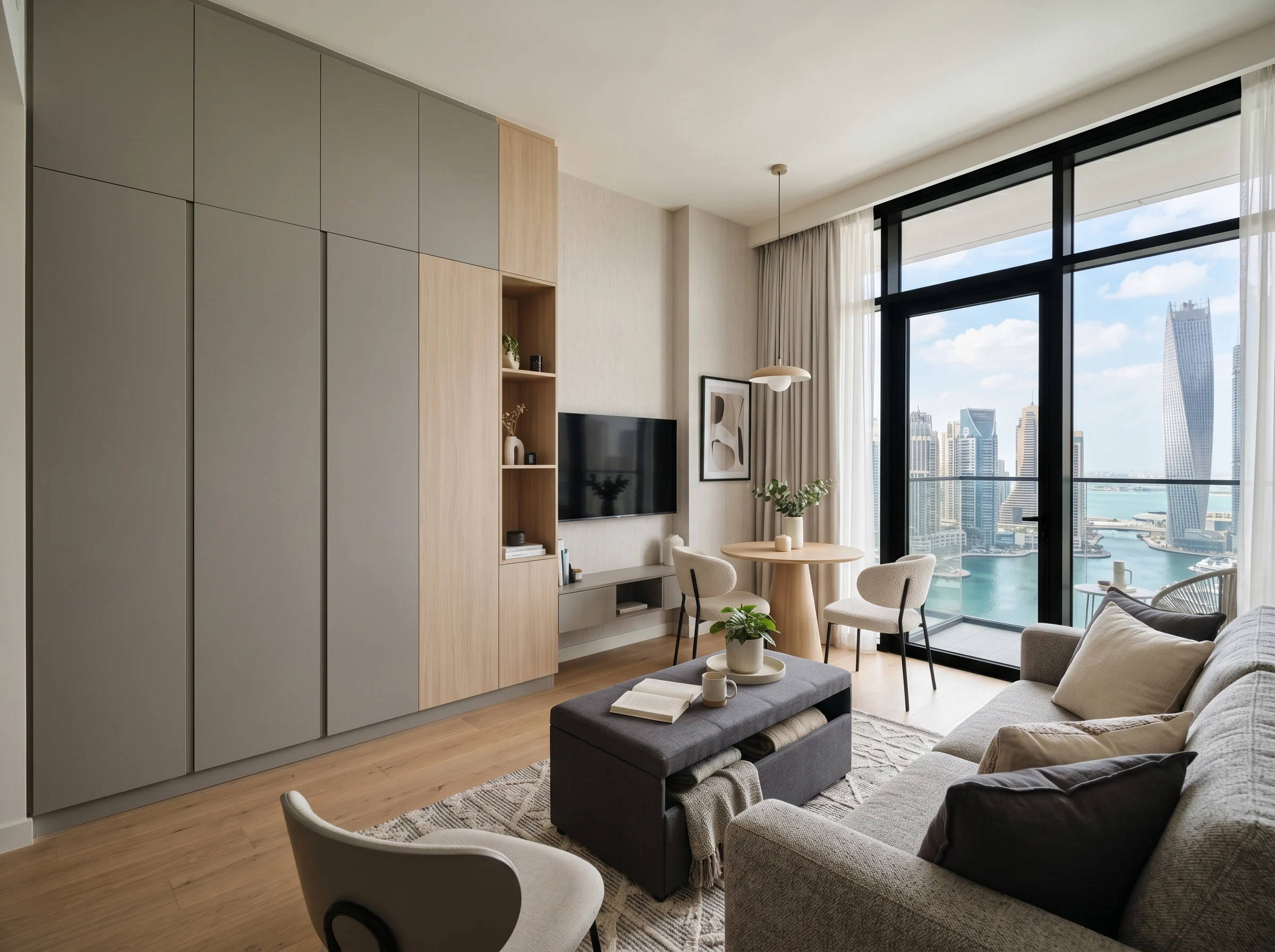 Modular sectional sofa in a new Dubai community villa living room — flexible furniture trend 2026