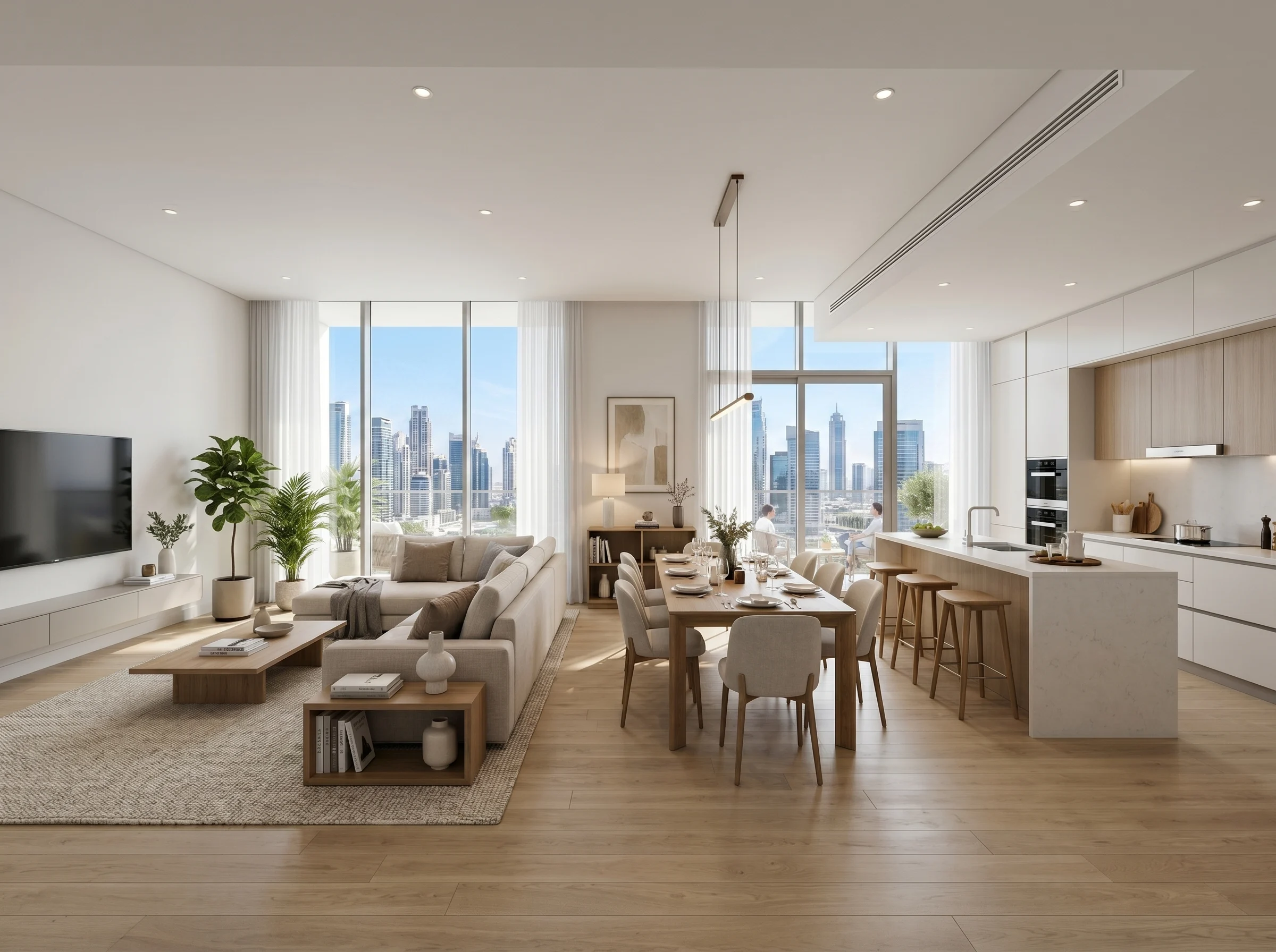 Open-plan Dubai apartment with furniture-defined living and dining zones — community furniture trends 2026