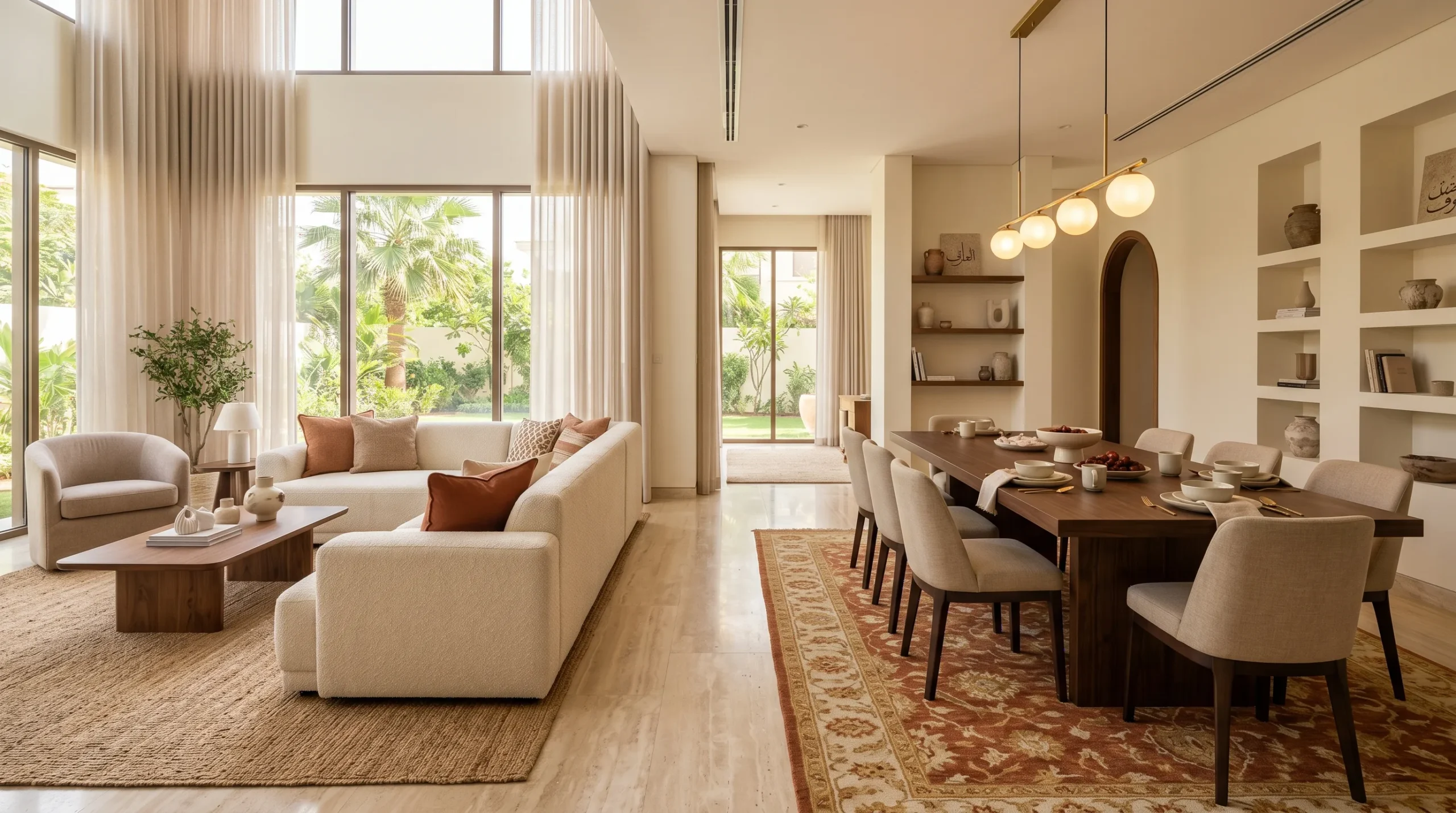 Open-plan dining and living room layout in a UAE villa
