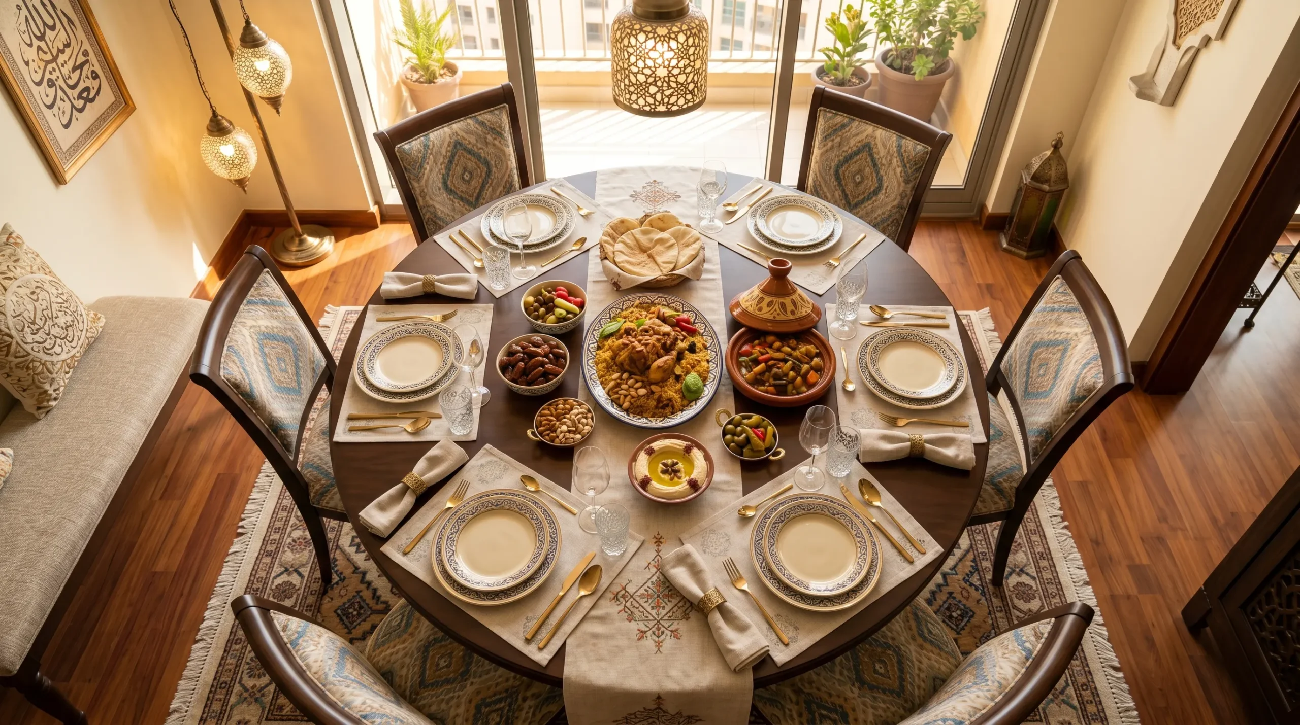 Round dining table arrangement for UAE apartment family gathering