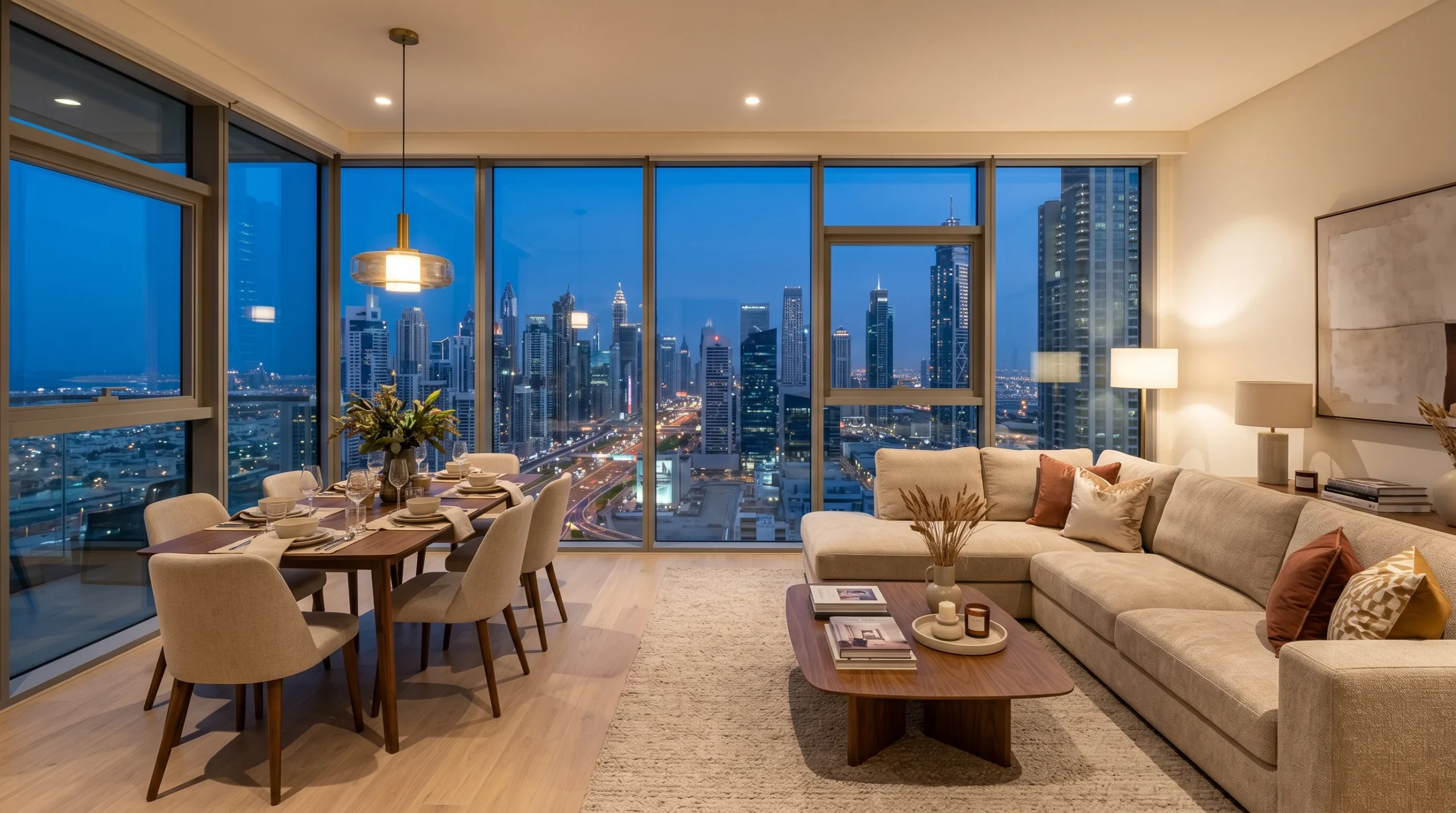 Furniture companies in UAE — stylish Dubai apartment living room with sofa and dining set